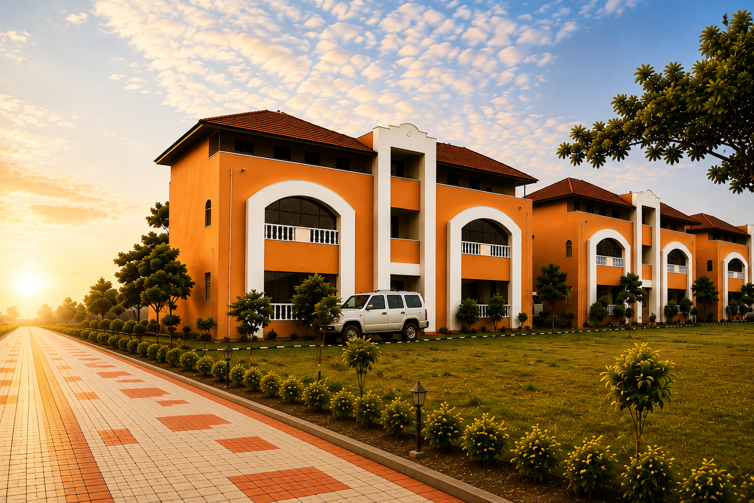 Hotel Sampoorna building exterior at golden hour